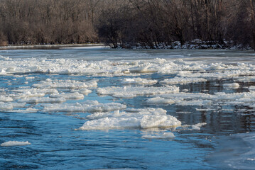 Ice Chunks Floating On A Partially Frozen Fox River In January At Kaukauna, Wisconsin