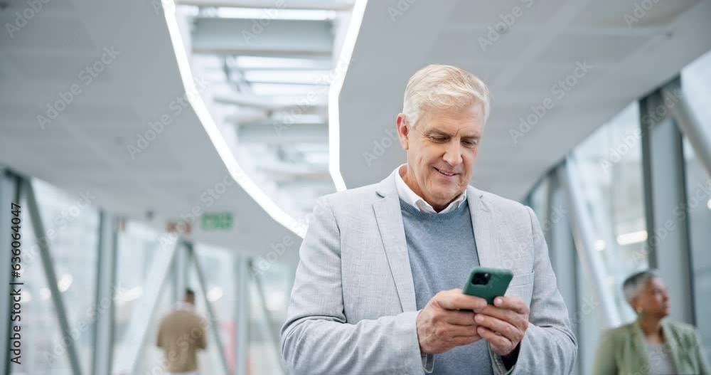 Wall mural Phone, walking and business man in airport, hotel lobby and laughing in office. Happy, smartphone and mature manager typing on social media, mobile networking and reading funny email to travel online