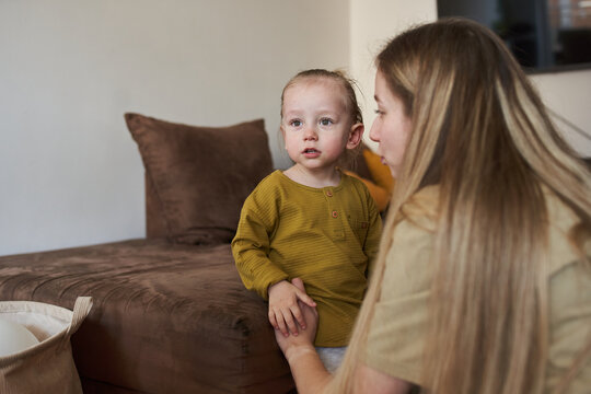Mother talking to her son