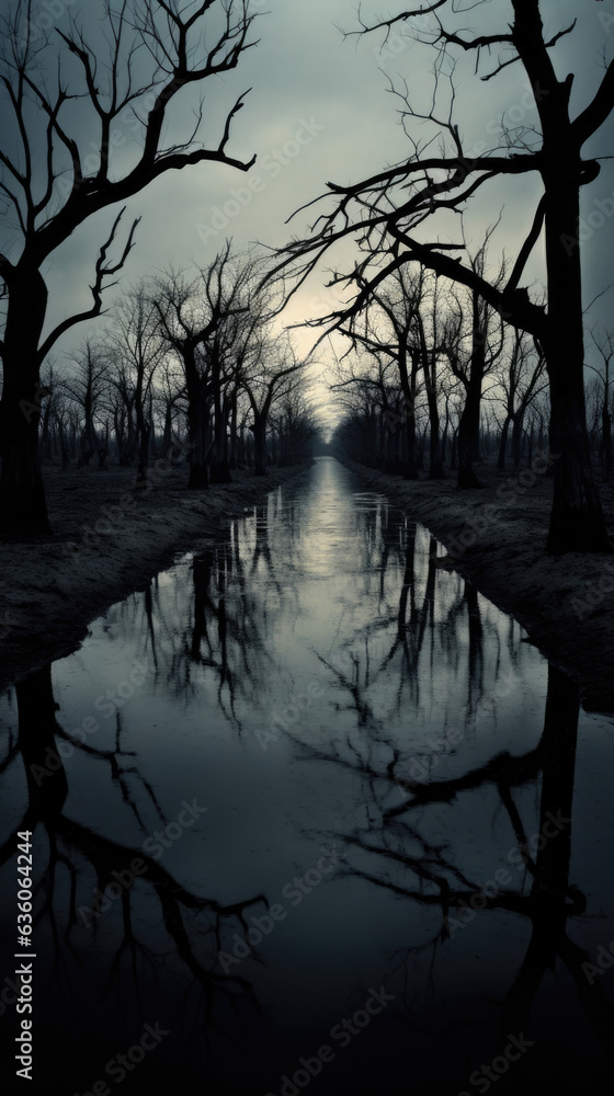 Poster a pool of dark still water with the reflection of dead trees fading in and out giving a haunting and