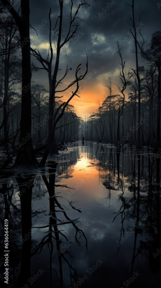 Poster a pool of dark still water with the reflection of dead trees fading in and out giving a haunting and