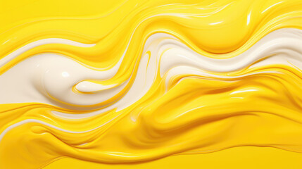 A steady white stream of fluffy creamy liquid dripping down onto a vibrant yellow background. Abstract wallpaper backgroun - obrazy, fototapety, plakaty
