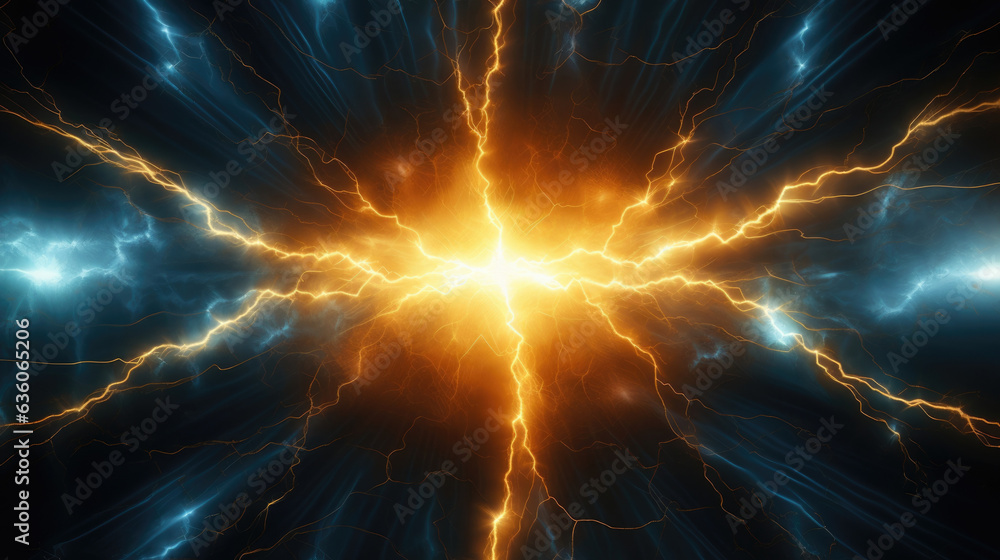 Poster a lightning storm effect of waveforms of electricity spreading outward from the center of the image 