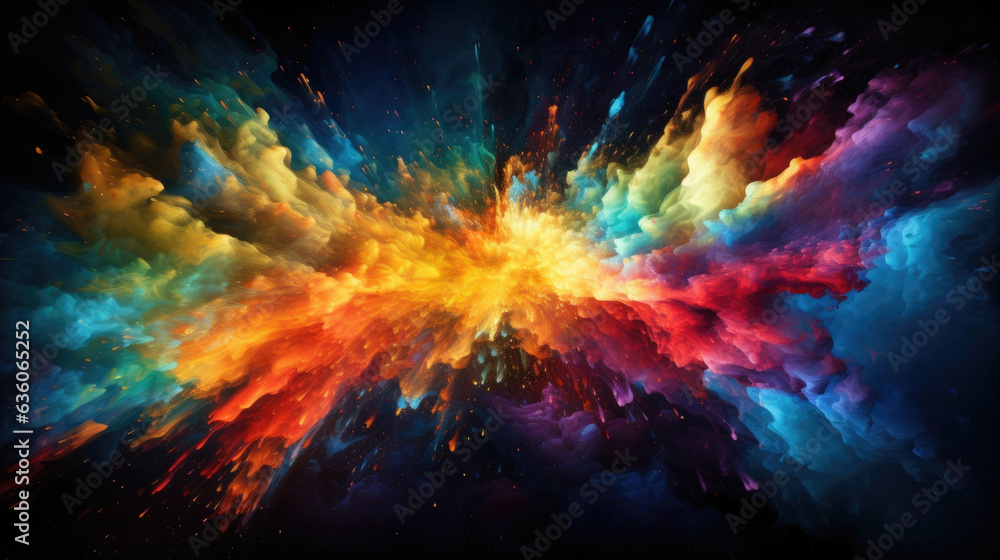 Poster colorful splashes of light appearing from a dark background with the color and brightness intensifyi