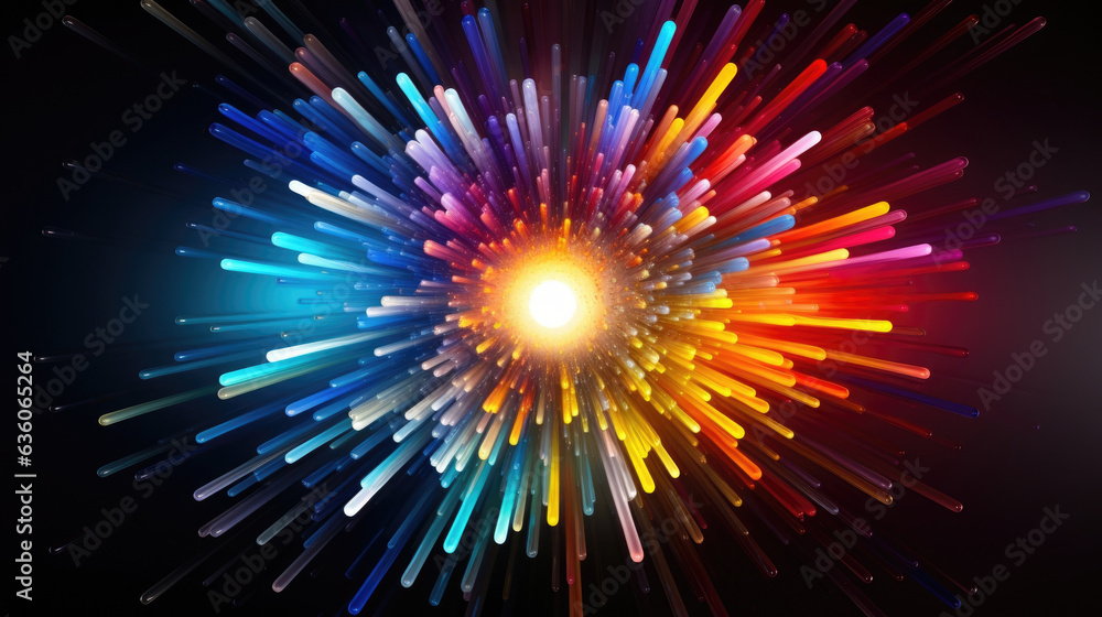 Poster a radiating glistening sunshaped dot of light splitting into a spectrum of colors representing the i