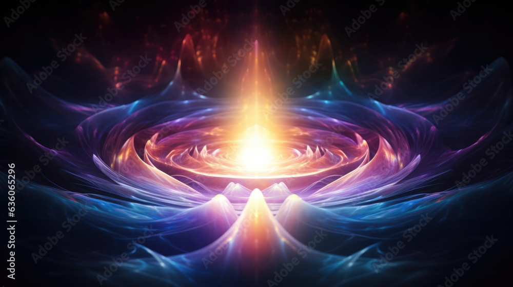 Poster a liquidlike fountain of glowing light which morphs and changes colors as if under the effect of a s