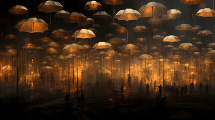 A background of blurry umbrellas illuminated by streaks of light coming from behind the clouds giving Abstract wallpaper backgroun