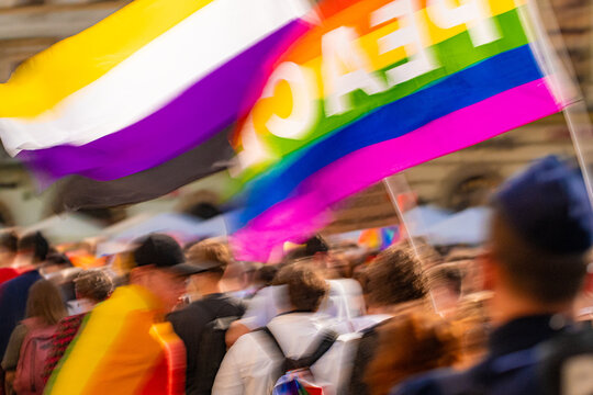 A crowd of people at the pride parade with LGBT and Nonbinary  Flag