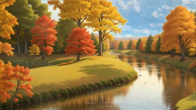 autumn panorama with river video, seamless looping video animated background	