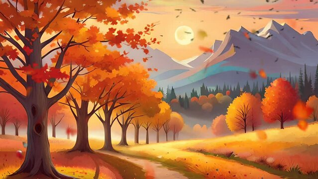 beautiful autumn panorama with mountain and maple trees, seamless looping video animated background	