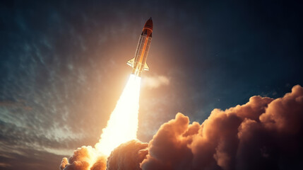 Rocket Launching into Space with Fiery Exhaust Flames illustration.