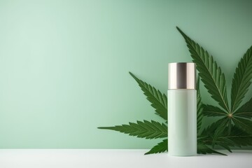 A bottle of lotion sitting on a table next to a cannabis plant. Digital image.