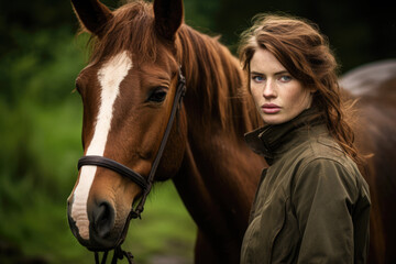 Obraz premium An attractive young woman next to a brown horse with a white stripe on its face