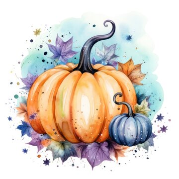 A watercolor painting of a pumpkin and leaves. Digital image. Halloween decor.