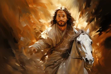 Fototapeten A painting of Jesus riding a white horse. Digital image. © tilialucida
