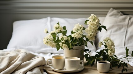 Still life with cup of coffee and hydrangea flowers on bed