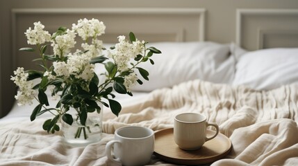 Fototapeta na wymiar Coffee cup and white flowers on the bed in the morning