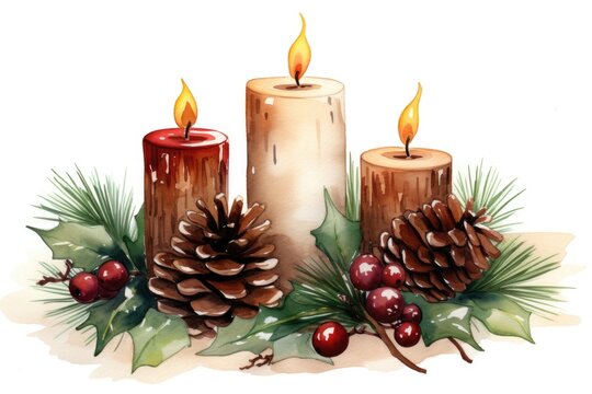 A watercolor painting of three candles with pine cones and holly leaves. Digital image. Christmas decoration.