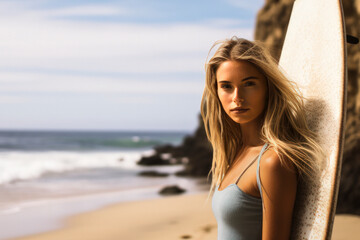 Fototapeta na wymiar Surfer Girl on beach leaning against a surfboard