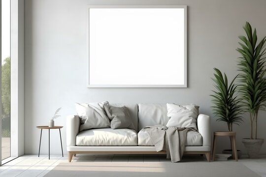 Poster frame mock-up in modern living room, furnished home interior background. generative AI