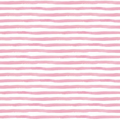 Seamless pattern with pink stripes on white background. Watercolor illustration hand drawn. For design, textile, decor, wallpaper, wrapping paper, clothes.