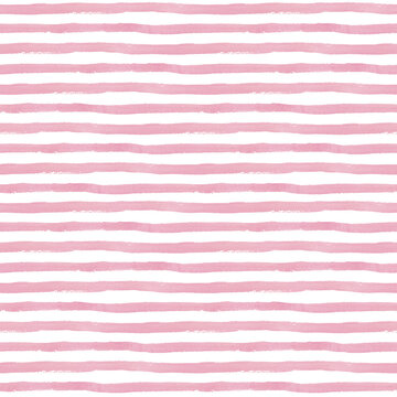 Seamless pattern with pink stripes on white background. Watercolor illustration hand drawn. For design, textile, decor, wallpaper, wrapping paper, clothes.