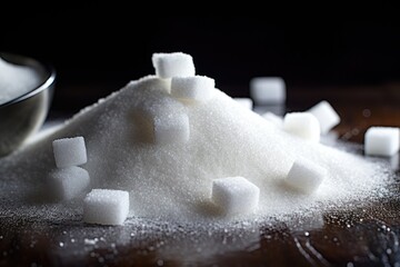 granulated sugar and refined sugar on the table on a black background