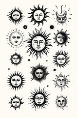 the sun with faces multiple variations isolated on a white background