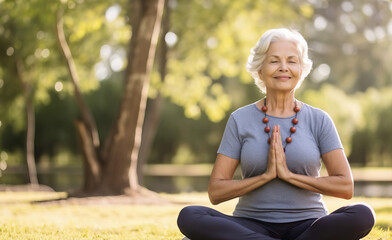A senior woman practicing yoga in a serene park setting