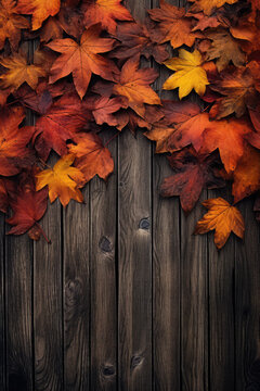 Fall leaves on a wood plank backdrop with copy space