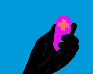 Oversized medicine capsule in hand. Overmedicated society