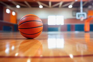 Basketball ball in gym, copy space, closeup, orange bakground