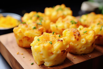 Mac and cheese cups on rustic table. American mini appetizer