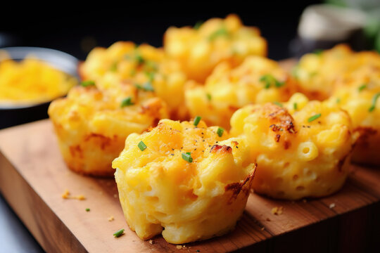 Mac And Cheese Cups On Rustic Table. American Mini Appetizer