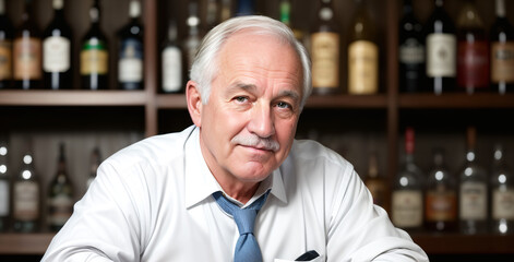Close up of an old white male bartender standing behind a bar counter. Age, hospitality, bartender concept.