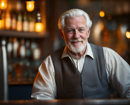 Smiling elderly white male bartender pouring a drinks at the bar. Age, bartender, hospitality concept.
