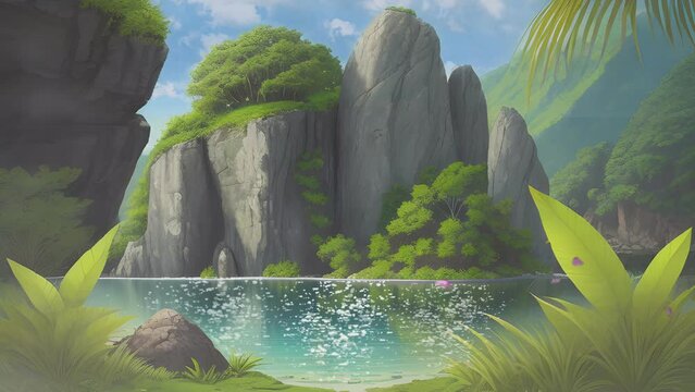 natural scenery with green forests, rock cliffs and beautiful rivers. Cartoon or anime illustration style. seamless looping 4K time-lapse virtual video animation background.