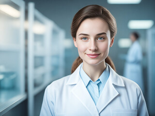 Fototapeta na wymiar Positive female doctor in the laboratory. Care, science, female concept.