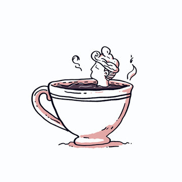 An illustration of a person is sitting inside a cup of coffee