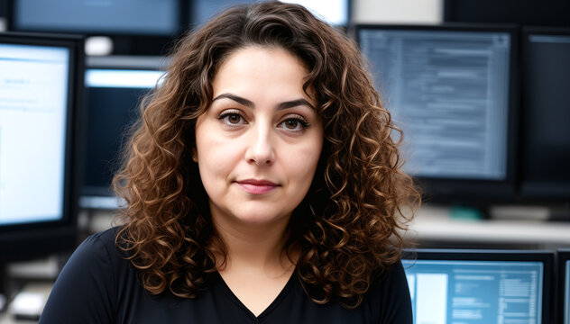 Middle aged data scientist woman in a room of glowing screens. Intelligence, data, analysis concept.