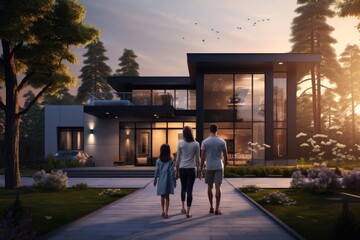 happy young family on the background of a modern new house