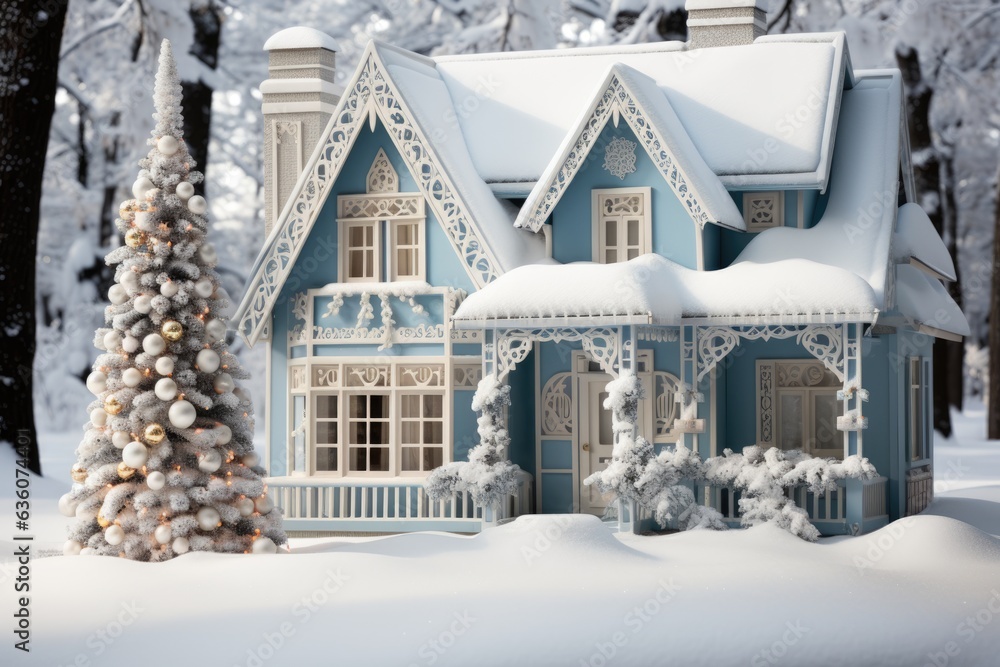 Poster a toy house with a christmas tree in front of it. digital image.