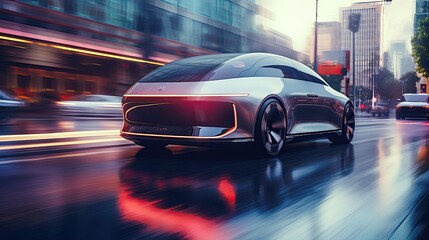 Fototapeta na wymiar futuristic electric liftback car outside on modern city, street out of focus