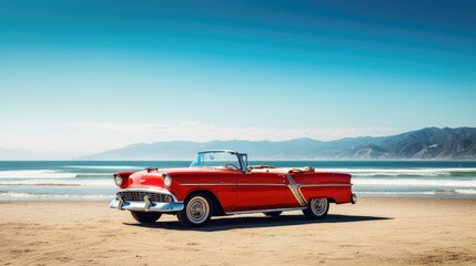Fototapeta na wymiar A red vintage convertible car parked near a beach