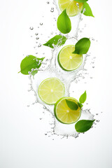 Fototapeta na wymiar A slice of lime annd mint leaves falling into the water on white background. Digital wallpaper for social media stories or artistic design.