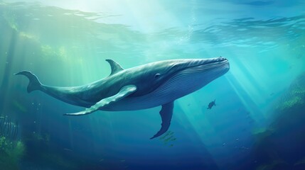 a blue whale swimming in a green ocean