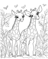 Giraffes jungle Coloring Page line art
