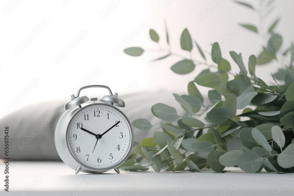 Poster an alarm clock sitting on top of a table next to a plant. digital image.