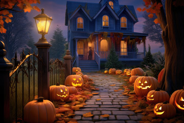 A house with carved pumpkins in front of it.
