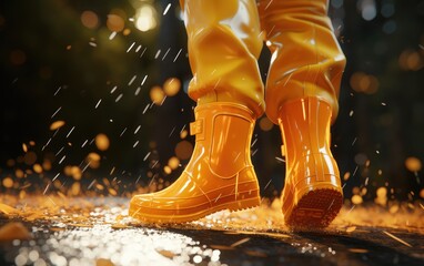 Rubber yellow boots in an autumn park with orange leaves. Autumn has come. rain season.